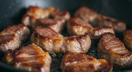 Meat is currently being cooked in a frying pan placed on a stove
