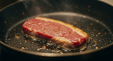 Meat is currently being cooked in a frying pan placed on a stove