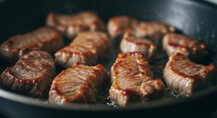 Meat is currently being cooked in a frying pan placed on a stove