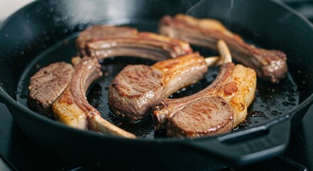 Meat is currently being cooked in a frying pan placed on a stove