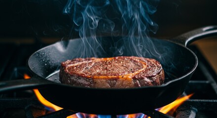 Meat is currently being cooked in a frying pan placed on a stove
