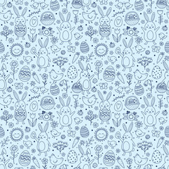 Colourful Easter texture in cartoon style. Hand drawn bunny, chick, eggs and flowers. Doodle.  Vector illustration