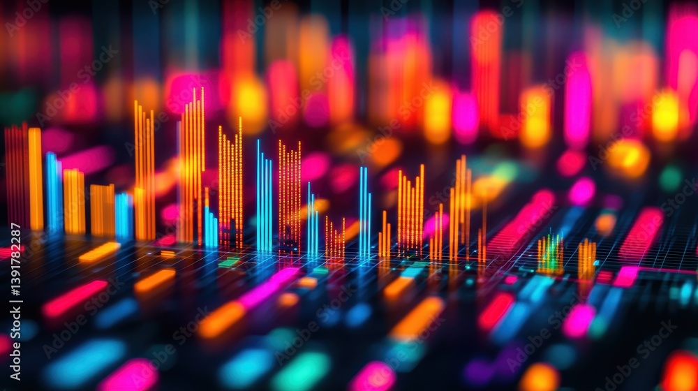 Aufkleber an abstract visualization of colorful, glowing data spikes on a dark background, representing digita
