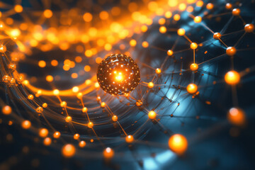 Complex glowing network with central sphere emitting light: futuristic technology concept