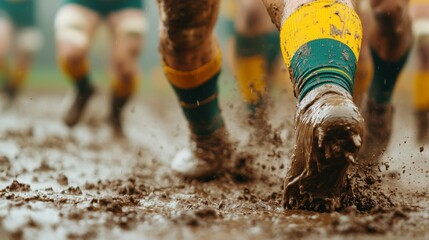 Players Diving in Soaked Mud During Intense Rugby Game Action on a Rainy Day