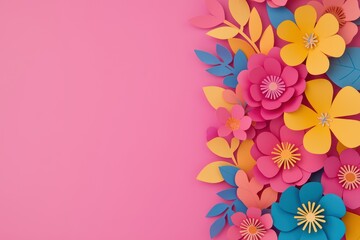 Naklejka premium Colorful paper flowers on pink background decoration