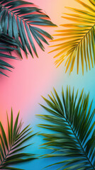 Bright tropical palm leaves on a vibrant, colorful background, perfect for a summer banner, tropical summer mockup, luxury travel holiday design, ample copy space, top view flat lay