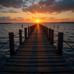 Obraz premium Wooden Pier Leading to Horizon Sunset, Tranquil Water Reflections.