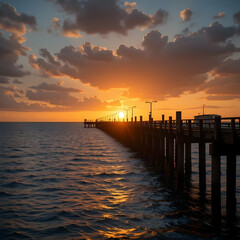 Obraz premium Golden Hour Pier: Ocean Sunset with Dramatic Clouds.