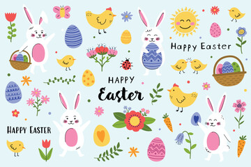 Naklejka premium Easter set with cute elements: bunny, chick, egg and flower. Cartoon style characters. Vector illustration