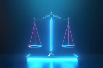 Illuminated scales of justice symbol on a dark background with blue light.