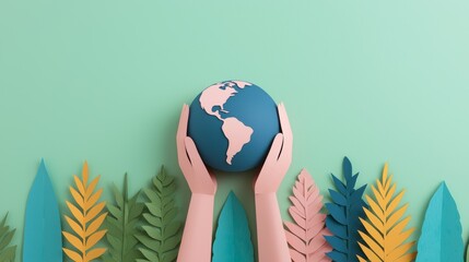 Hands Holding a Colorful Globe Surrounded by Paper Leaves on a Green Background