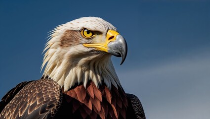 Close-up portrait of a majestic bald eagle with sharp eyes and intricate feather details against a blue sky