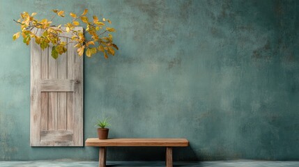 Rustic room with wooden door and bench