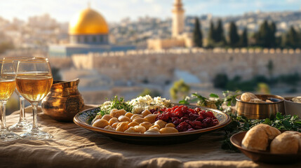 Traditional Passover Seder plate with symbolic foods, set against backdrop of ancient Jerusalem golden dome and historic walls