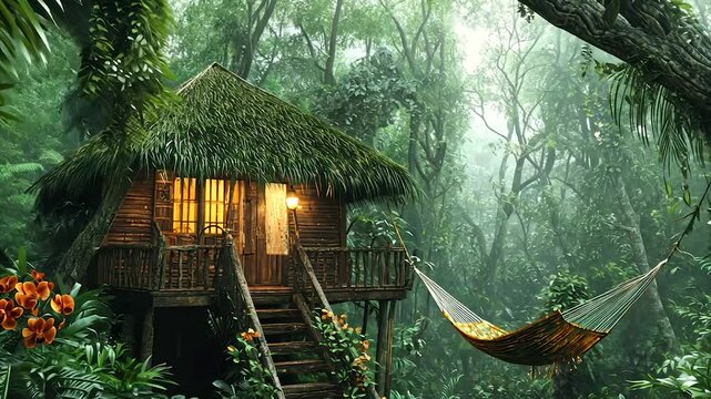 Lush jungle treehouse with hammock, glowing windows