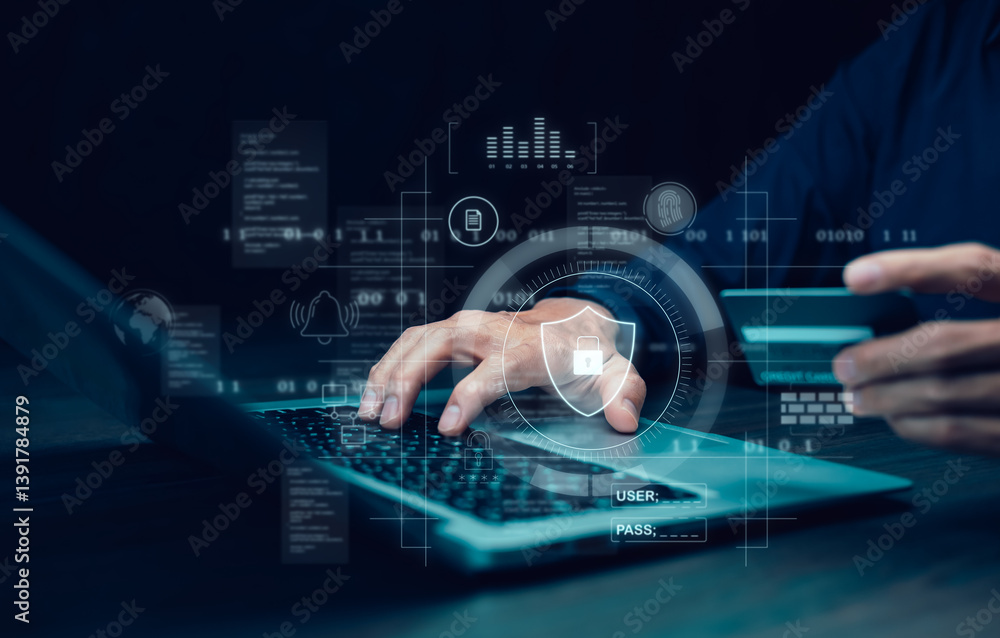 Poster cyber security and security password login online concept hands typing and entering username and pas