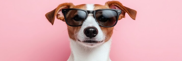 Stylish Dog in Black Sunglasses on Pink Background. Adorable Pup, Pet Fashion Concept