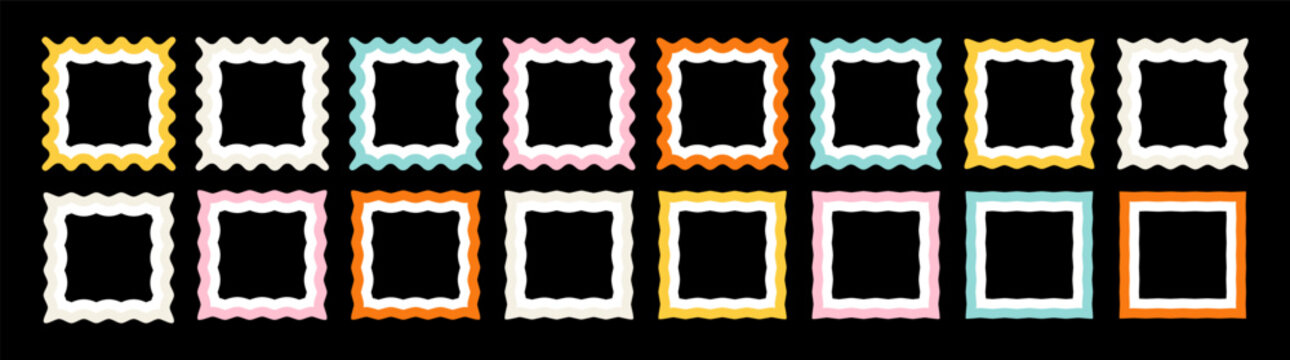 Wavy text frame borders. Scallop shape line picture frames. Vector set of wave rectangle cadre bg. Japanese ikd graphic wiggly background. Fun colorful square groovy 60s squiggly zigzag speech bubbles