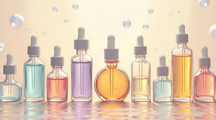 Colorful serums in sleek bottles with droppers stand against a soft, dreamy gradient background with floating orb elements. Pastel palette.