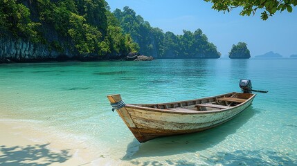 Obraz premium Tranquil beach scene with traditional boat