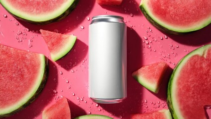 Refreshing Watermelon Delight: An aluminum can takes center stage amidst a vibrant display of juicy watermelon slices, creating a playful and refreshing scene, perfect for beverage branding.