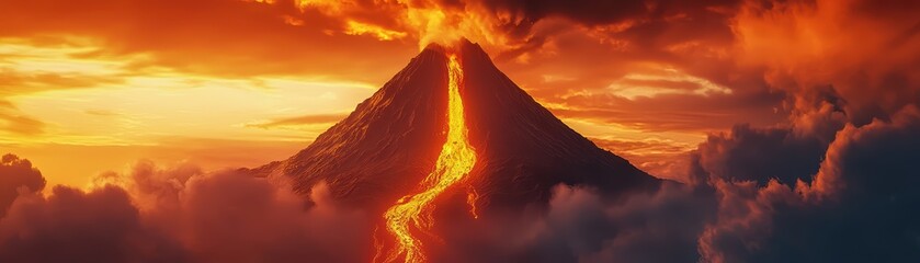 Obraz premium Erupting volcano spewing lava and ash at sunset, Volcanic eruption concept