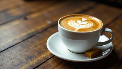 Foamy cappuccino coffee in a cup with a slice of cake on the side, breakfast, drink, cappuccino