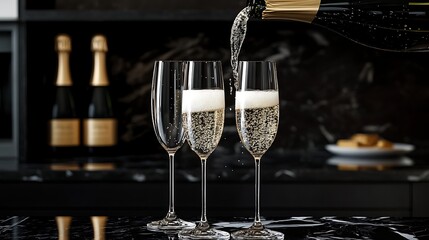 close-up view of sparkling champagne being poured into flute glasses with vibrant festive background and celebration ambiance
