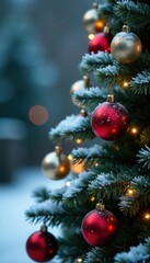 Fototapeta premium Frosty evergreen tree with glass ornaments and fairy lights in winter wonderland background, holiday, ornaments