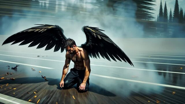 A fallen angel prostrate on the ground in the midst of loneliness in a world of sin 4K