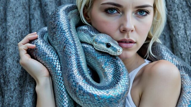 A woman is holding a snake that is silver in color