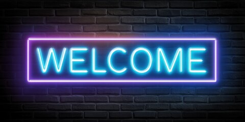 Obraz premium Glowing Neon Welcome Sign on Brick: A vibrant neon sign spells out 'WELCOME' in electric blue, framed by a purple border, all against a textured brick background.