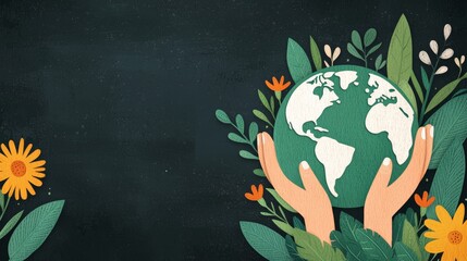 Hands Holding Globe Surrounded by Greenery and Flowers in Eco-Friendly Illustration