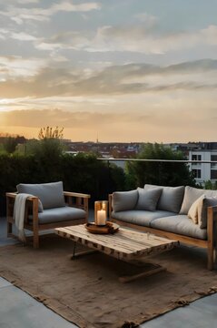 A wooden patio set with a table and two chairs