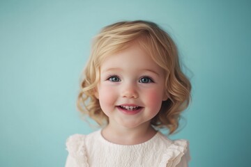 Naklejka premium A young girl with blue eyes and blonde hair smiles gently, her innocence framed by a soft blue background and turquoise background.
