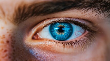 A close up shot of a striking blue human eye with visible eyelashes and eyebrow details shown clearly