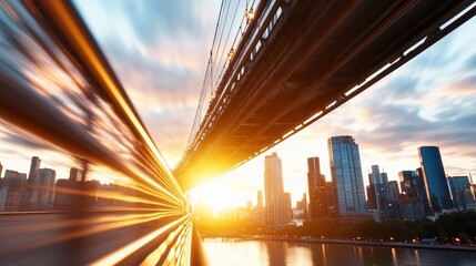 City sunset, train bridge, urban commute