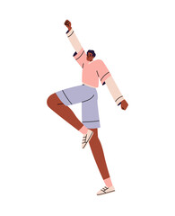 Joyful African American boy celebrates success, hand up. Happy young man rejoices at win, has fun. Dancer enjoys, moves with music, dances. Flat isolated vector illustration on white background