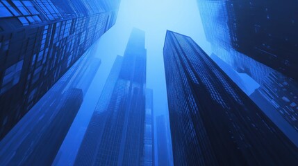 Urban Skyline, Misty Cityscape, Looking Up at Tall Buildings, Architectural Perspective, Photo for Wallpaper, Background for Presentation