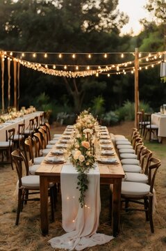 A long table with many chairs and a white tablecloth