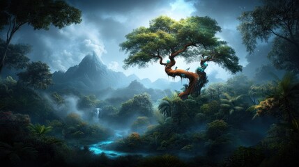 Lush jungle landscape at dawn