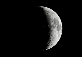 Crescent Moon in Space Astronomical Night Sky, Lunar Surface Details, Celestial Body, Black Background.