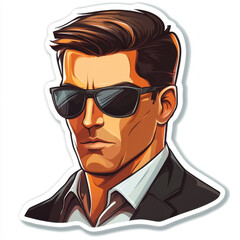 Stylish sticker featuring confident man with sunglasses, showcasing modern and sleek design. character exudes aura of mystery and sophistication, perfect for various creative projects