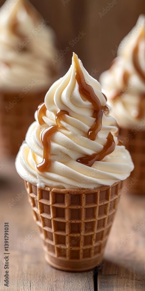 Poster close up of caramel swirl soft serve ice cream cones with drizzle on rustic wood surface