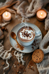 Cappuccino with Cinnamon and Cookies in Warm Candlelight