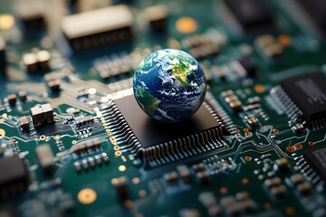 Earth globe rests on a microchip on a green circuit board.