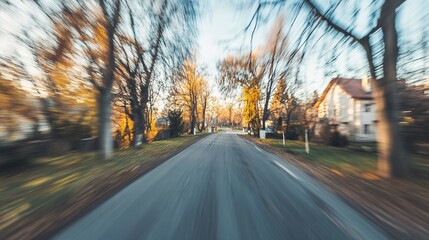 Fototapeta premium Road stretches between trees and houses with motion blur effect.