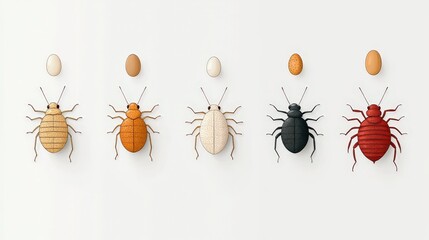 Detailed macro view of the life cycle of a bed bug, showcasing stages from egg to adult, in clear arrangements against a plain background. Bed Bug Awareness Week