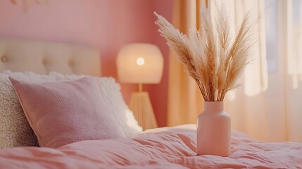 soft close-up shot of serene bedroom with beige bed and pillows, a bedside lamp casting a glow, and a boho vase filled with natural dried grass